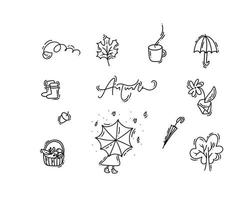 set di vettore monoline doodle elementi floreali. disegno grafico della collezione autunnale. erbe, foglie, ombrello. arredamento moderno autunnale del ringraziamento disegnato a mano