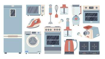 casa elettrodomestici impostato e domestico elettronica e macchine concetto. attrezzatura elementi per cucina cucinando lavanderia lavaggio vettore illustrazione. isolato quotidiano interno gadget. vettore illustrazione