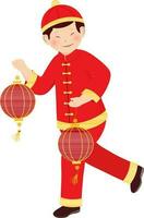 personaggio di Cinese giovane ragazzo Tenere lanterne nel a piedi posa. vettore