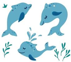 set di simpatici delfini pose diverse mammiferi marini personaggi dei cartoni animati divertente collezione di delfini di animali marini design per bambini bambini poster vivaio parete arte carta invito illustrazione vettoriale