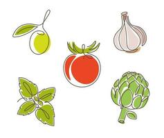 impostato di italiano cucina ingredienti - pomodoro, basilico, oliva, aglio e carciofo. uno continuo linea disegno arte. vettore illustrazione isolato su bianca sfondo. Perfetto per logo, icona e così su