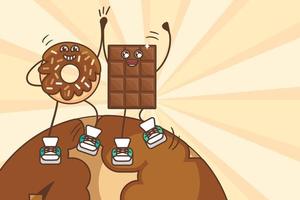 illustrazione della giornata mondiale del cioccolato con personaggi danzanti ciambella dolce e barretta di cioccolato vettore