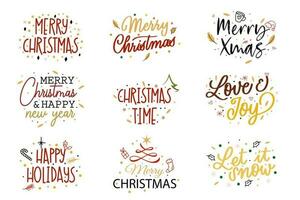 allegro Natale auguri lettering distintivi. Natale e contento nuovo anno tipografia impostato piatto vettore