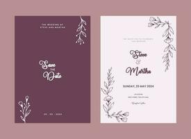 minimalista Doppio lato nozze invito modello con mano disegnato le foglie e fiori decorazione semplice stile vettore