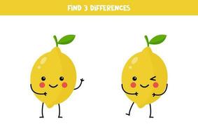 trova tre differenze fra Due immagini di carino kawaii limoni. vettore