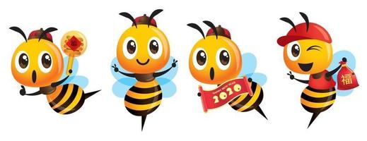 cartone animato carino mascotte ape con cappuccio cinese che celebra il capodanno cinese vettore