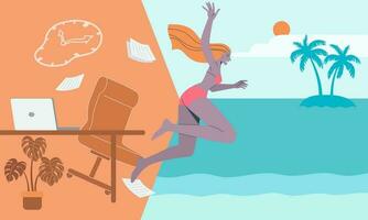 permettere il estate inizio. giovane uomo salto a partire dal ufficio in il mare, estate spiaggia sfondo. vettore design illustrazione.