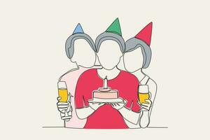 colore illustrazione di tre amici festeggiare un' compleanno vettore