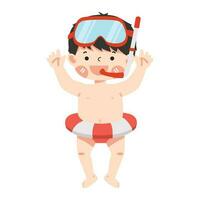contento ragazzo lo snorkeling con nuotare squillare vettore