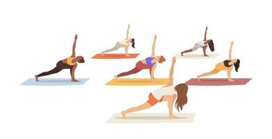 yoga classe. gruppo di persone praticante yoga con il yoga istruttore. vettore illustrazione isolato su il bianca sfondo