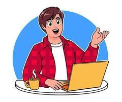 un' focalizzata uomo Lavorando su un' il computer portatile con un' tazza di caffè vettore