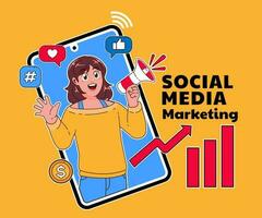 sociale media marketing illustrazione, donna urlando con megafono vettore