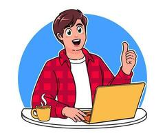un' focalizzata uomo Lavorando su un' il computer portatile con un' tazza di caffè vettore