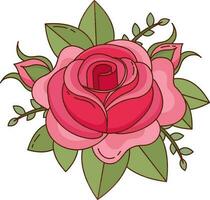 bellissimo rosso rosa fiore con le foglie icona nel piatto stile. vettore