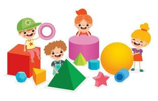 bambini giocando con 3d geometrico forme vettore