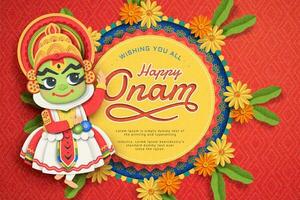 contento onam Festival design con carino kathakali ballerino e calendula decorazioni nel carta arte vettore