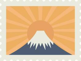 isolato vulcano contro sole raggi arancia sfondo per francobollo o etichetta design. vettore