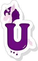 viola u alfabeto animale cartone animato unicorno icona nel etichetta stile. vettore