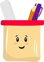 smiley viso Stampa penna titolare con righello e matita colorato icona. vettore