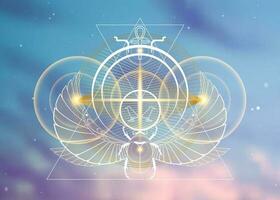 egiziano planetario sacro geometria, scarabeo scarafaggio oro Linee sovrapposizione, triangoli forma su cerchi. orbite di divine energia. alchimia, Magia, esoterico, occultismo simboli. d'oro attraversare vettore illustrazione