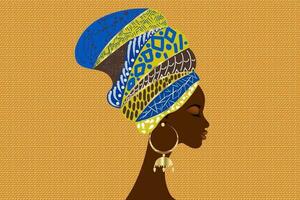 ritratto bellissimo africano donna nel tradizionale turbante tribale motivi, kente testa avvolgere, africano tradizionale nero donne vettore silhouette isolato con oro orecchini, moda acconciatura bellezza concetto