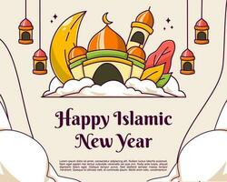 islamico nuovo anno saluto con cartone animato design vettore