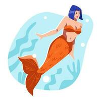 bellissimo sirena femmina nuoto nel il mare. mare sfondo, silhouette marino impianti, alga marina, coralli. cartone animato piatto vettore illustrazione.