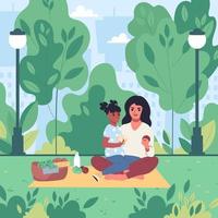 mamma e figlia stanno facendo un picnic nell'illustrazione vettoriale piatto del parco cittadino
