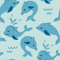 modello senza cuciture con oceano tema marino delfino adatto per carta da parati in tessuto abbigliamento bambino stampa vettoriale carino sfondo blu