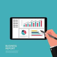 rapporto di affari sul display dello schermo del tablet con il simbolo della mano con il concetto di rapporto dei dati del grafico per l'illustrazione di vettore di statistiche aziendali