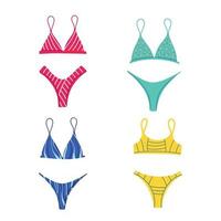 una collezione di costumi da bagno alla moda. abbigliamento da spiaggia. costumi da bagno in due pezzi, bikini. illustrazione vettoriale piatta