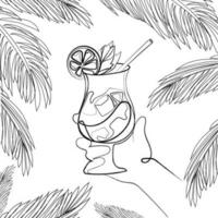 mano con estate cocktail bevanda e tropicale palma le foglie vettore illustrazione.linea arte disegno.spiaggia festa manifesto, elemento per design decorazione.femmina mano Tenere cocktail schizzo stile immagine