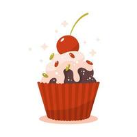 piatto vettore illustrazione di Cupcake con crema e ciliegia. dolce dolce. confetteria.
