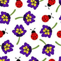 senza soluzione di continuità modello fiori viole del pensiero e coccinella. sfondo a partire dal viola. vettore