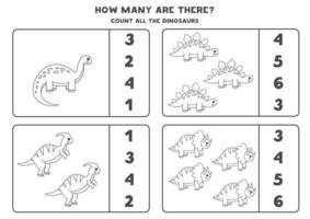 gioco di conteggio con simpatico foglio di lavoro matematico di dinosauri in bianco e nero vettore