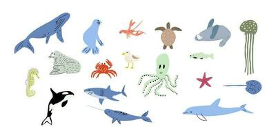 mare animali. carino acquatico pesce, tartaruga, balena, narvalo, delfino, polpo, stella marina, granchio, Medusa, foca e Altro. bambini vettore illustrazione.