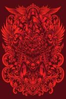 balinese barong rosso arte illustrazioni combinato con giapponese samurai vettore