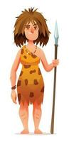 primitivo donna carattere. preistorico pietra età grotta donna Tenere un' arma cartone animato illustrazione vettore