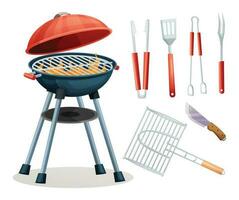 impostato di carbone barbecue griglia, pinza, spatola, forchetta, coltello. bbq utensili vettore cartone animato illustrazione