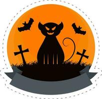 isolato raccapricciante gatto con pipistrelli volare e cimitero notte arancia circolare sfondo per contento Halloween concetto. vettore