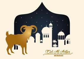 carta di celebrazione di eid al adha con capra d'oro e paesaggio urbano vettore