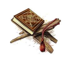 libro sacro del corano con rosario da spruzzata di acquerelli festa musulmana eid mubarak eid al fitr ramadan kareem schizzo disegnato a mano illustrazione vettoriale di vernici
