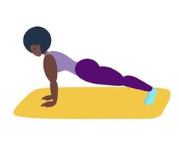una ragazza nera esegue la barra inferiore. una donna afro-americana fa yoga. una ragazza sportiva esegue l'illustrazione asana.vector della plancia in stile piatto stile di vita sano, pratica spirituale vettore