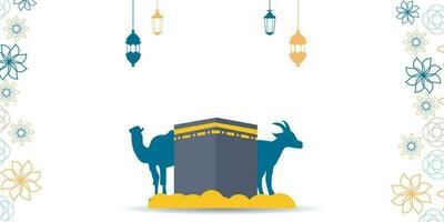 eid al adha islamico modello il celebrazione di musulmano piatto illustrazione stile. con Kaaba, lanterna, moschea, cammello, capra illustrazione vettore