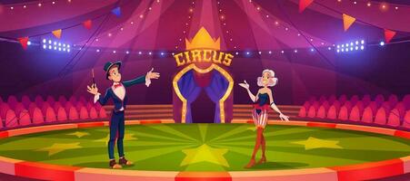 mago con bacchetta magica e donna su circo arena vettore