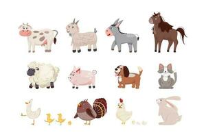 collezione di azienda agricola animali su bianca sfondo. mucca, capra, asino, cavallo, pecora, maiale, cane, gatto, anatra, gallina, tacchino, coniglietto. vettore personaggio design.