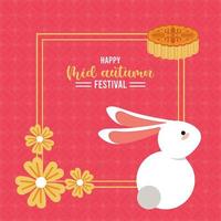 felice carta di lettere di metà autunno con cornice quadrata di fiori e coniglio vettore