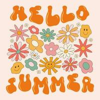 Ciao estate. vettore illustrazione con fiori, sole nel Vintage ▾ stile, delirio Groovy iscrizione. Stampa per cartoline, manifesti, magliette