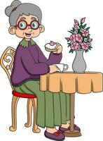 vecchio donna potabile caffè nel bar o ristorante vettore