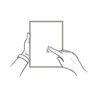 mani Tenere tavoletta con indice dito maschiatura touch screen. verticale tavoletta nel mani di un' umano. vettore illustrazione isolato nel bianca sfondo